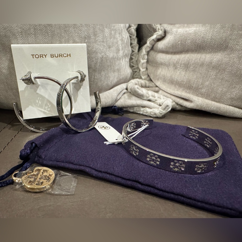 Tory Burch Large Silver Hoop Earrings with matching Cuff.